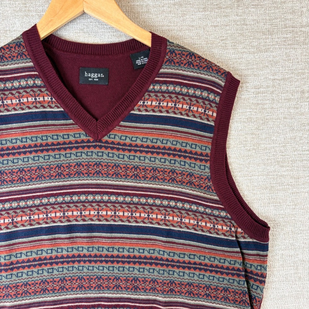 Haggar Sweater Vest Mens L Burgundy Fair Isle V-Neck EUC Grandpacore Acadamia